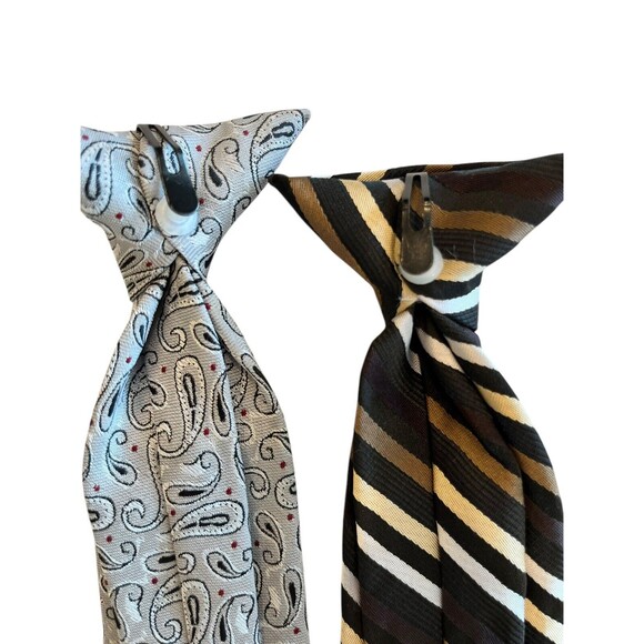 Clip-on Ties necktie Boys Bundle of 2 Brown Stripe Grey Paisley - Picture 5 of 5